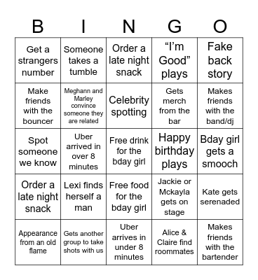 Alice’s Birthday Weekend! Bingo Card