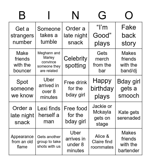 Alice’s Birthday Weekend! Bingo Card