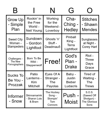 Canadian Hits Bingo Card