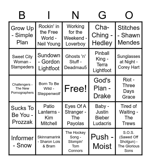 Canadian Hits Bingo Card