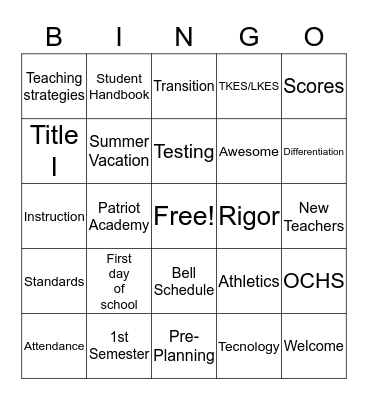 Welcome Back to School Bingo Card