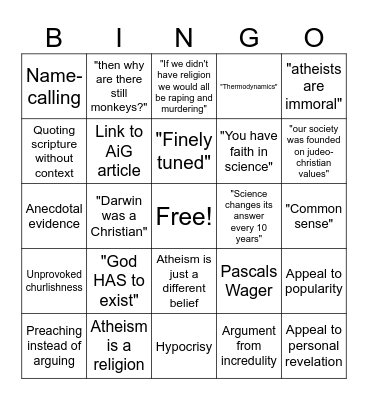 Shitty Theist Bingo Card