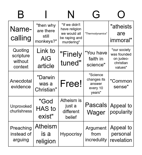 Shitty Theist Bingo Card