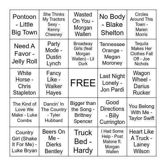 New Country Bingo Card