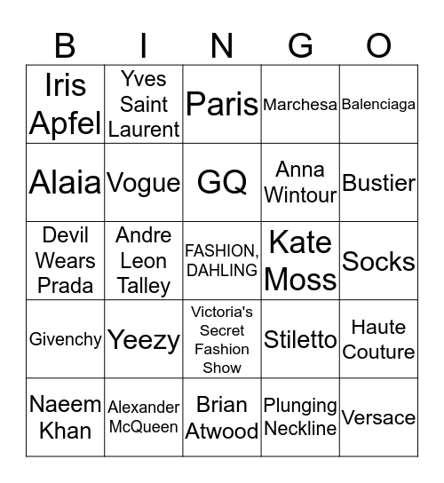 Fashion Bingo, Dahling Bingo Card