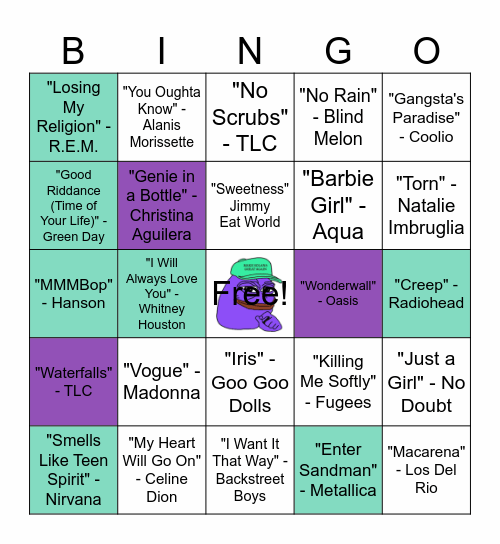 Purple Pepe 90's Music Bingo Card