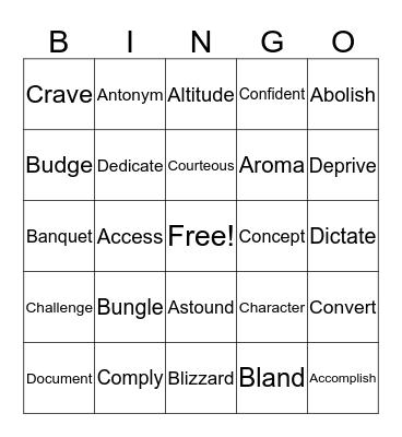 Vocabulary  Bingo Card