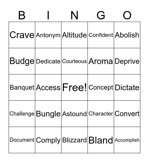 Vocabulary  Bingo Card