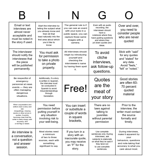 Interviews and Quotes Bingo Card