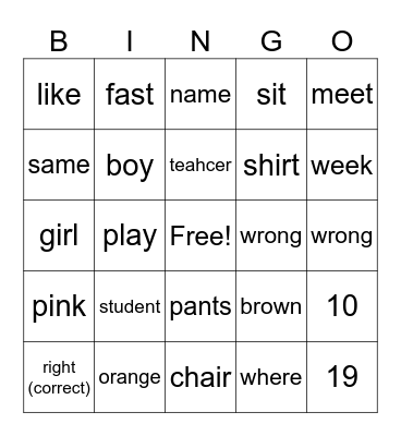 ASL 1 Unit Bingo Card