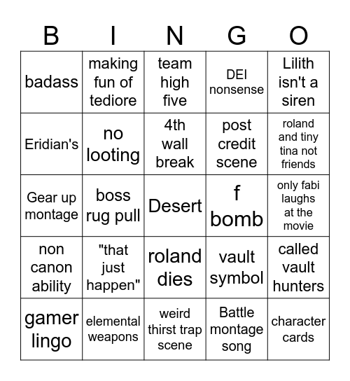 Borderlands movie bingo Card