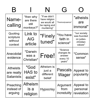 Shitty Theist Bingo Card