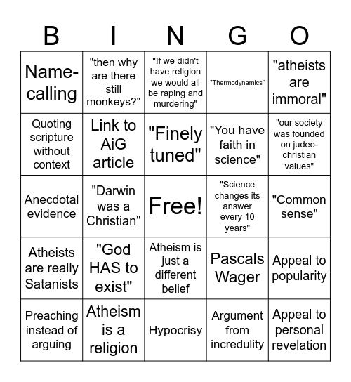 Shitty Theist Bingo Card