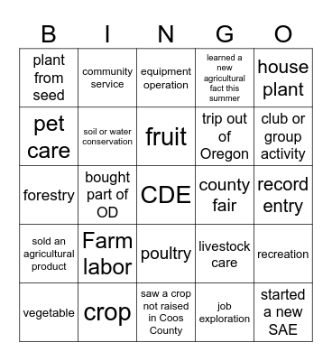 Agriculture students Bingo Card