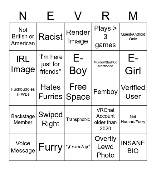 Nevermet VR BINGO! Bingo Card