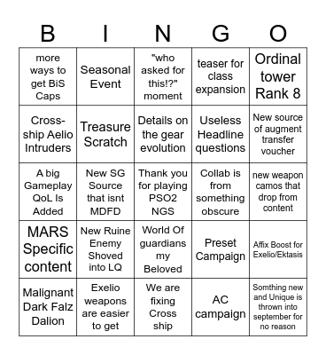 PSO2 NGS Headline Glizzy edition Bingo Card