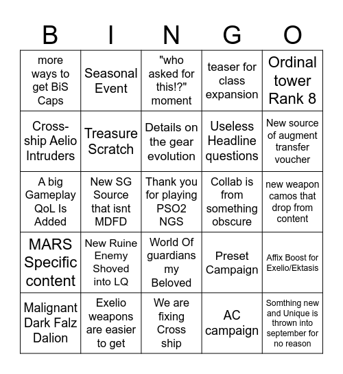 PSO2 NGS Headline Glizzy edition Bingo Card