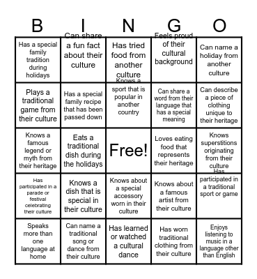 Cultural Bingo Card