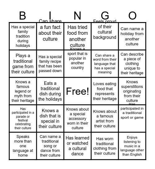 Cultural Bingo Card