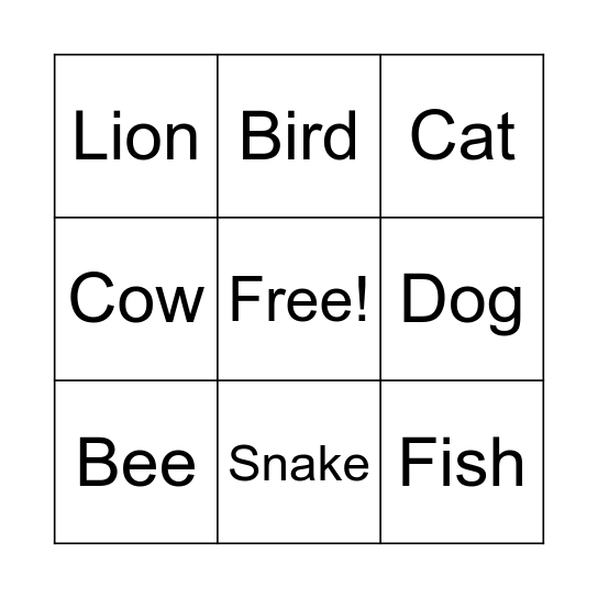 Animal Bingo Card