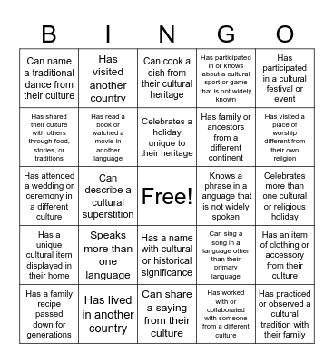 Intercultural Bingo Card
