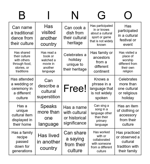 Intercultural Bingo Card