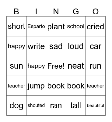 Nouns, Verbs, and Adjectives Bingo Card