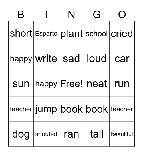 Nouns, Verbs, and Adjectives Bingo Card