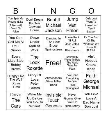 80s Music Bingo Card