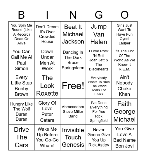 80s Music Bingo Card