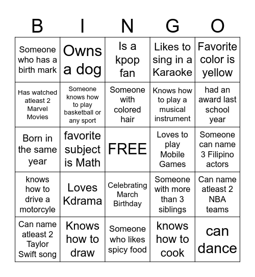 FILIPINO HUMAN BINGO Card