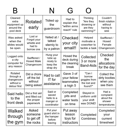 Lifeguard Bingo Card