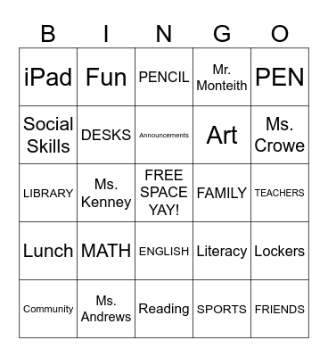 SCHOOL Bingo Card