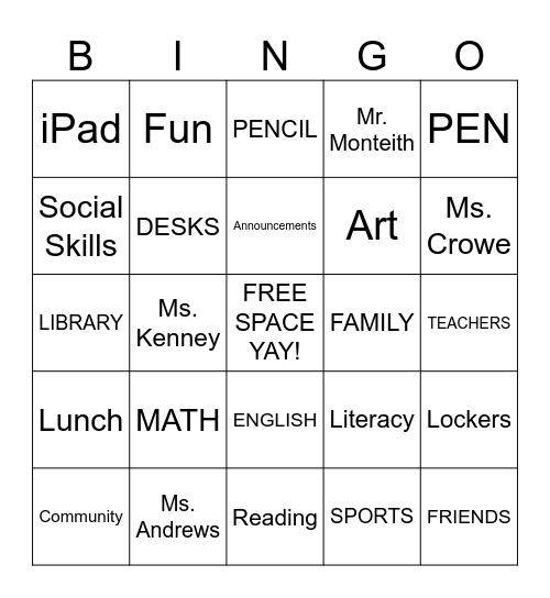 SCHOOL Bingo Card