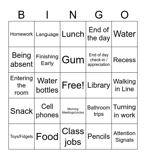 Ms. Armes' Routines Bingo Card