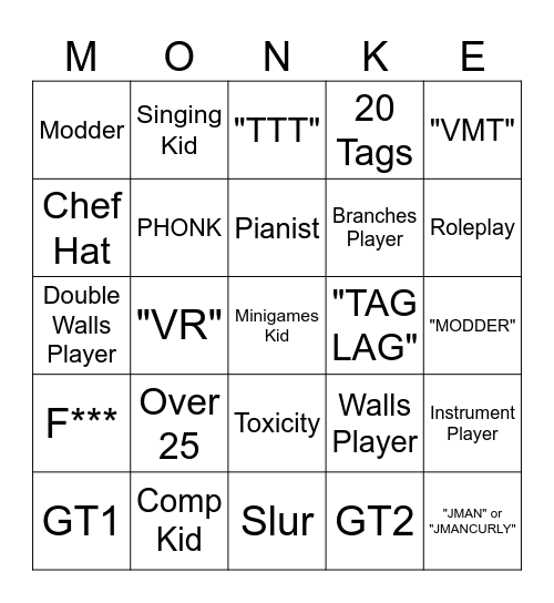 Gorilla tag bingo Card