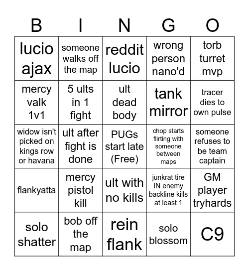 OW2 PUGs+ Spectator Bingo Card Bingo Card