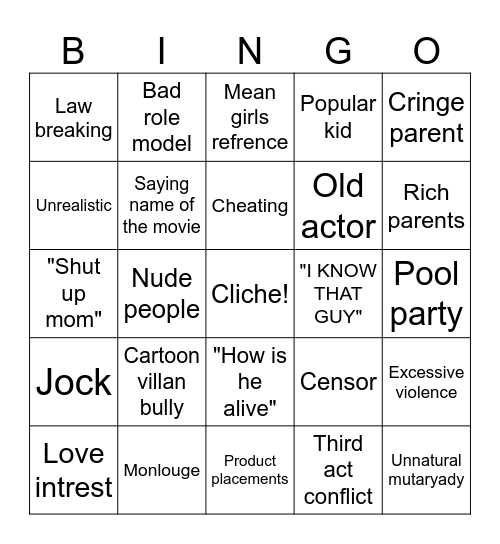 Highschool bing Bingo Card