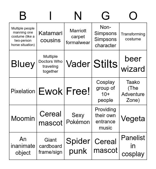 Dragon Con Saturday Bingo Card