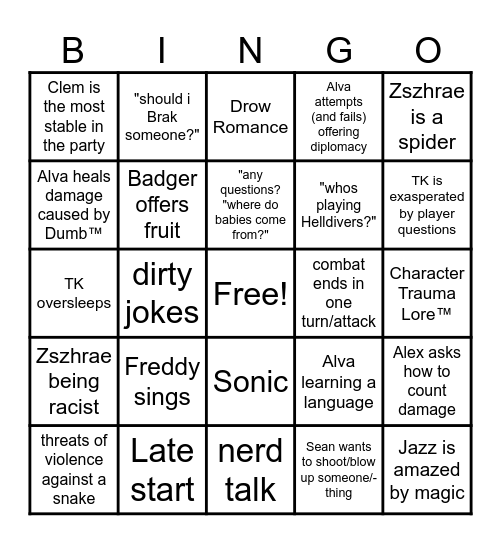 DnD sesh bingo Card