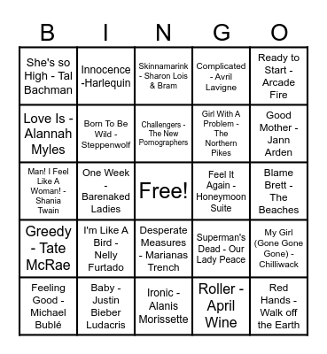 Canadian Hits! Bingo Card