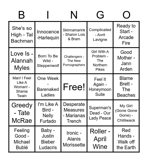 Canadian Hits! Bingo Card