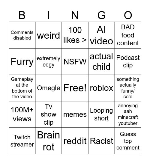 youtube shorts bingo Card