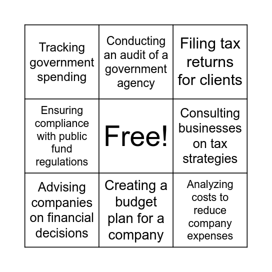 Three Areas Accountants Practice Bingo Card