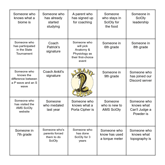 Science Olympiad Kickoff Bingo Card