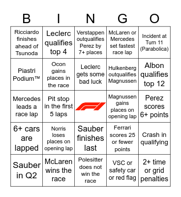 F1 Bingo - Monza 2024 Bingo Card