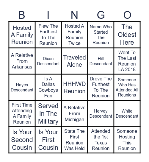 HILL HAYES HERVEY WHITE DIXON Bingo Card