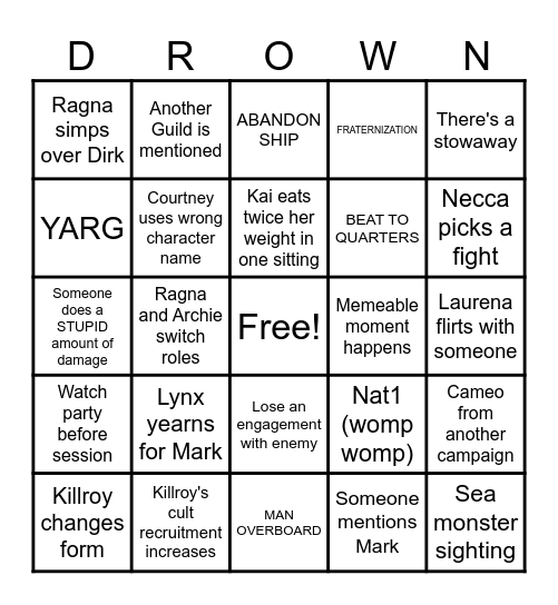 Nautical Drown & Suffer Bingo Card