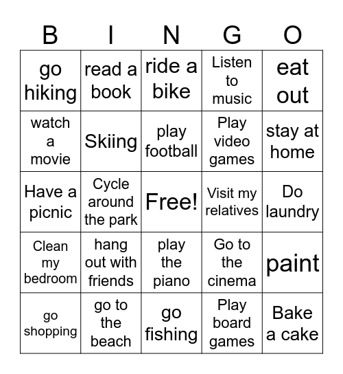 weekend activities Bingo Card