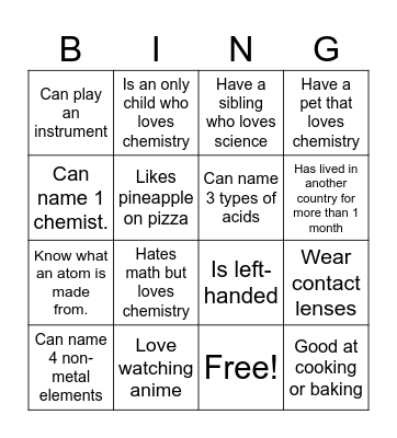 Chemistry bingo Card